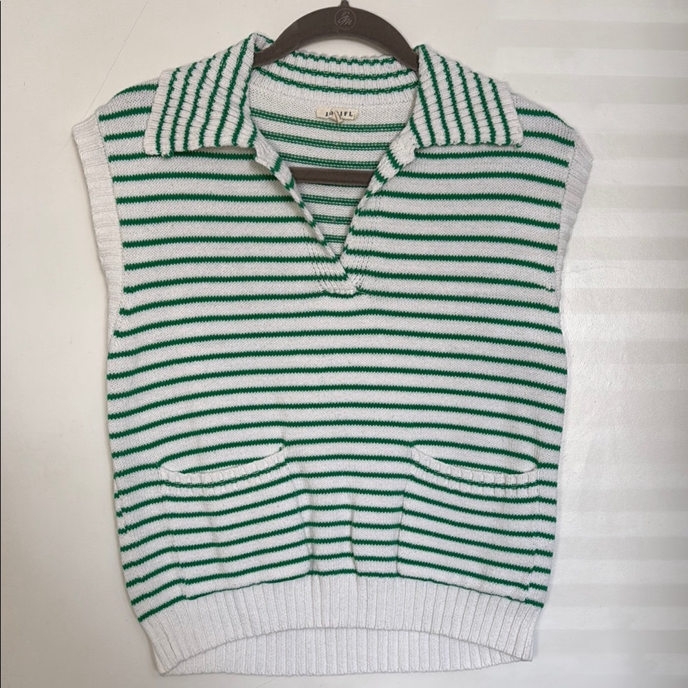 Green and White Striped Sleeveless Sweater